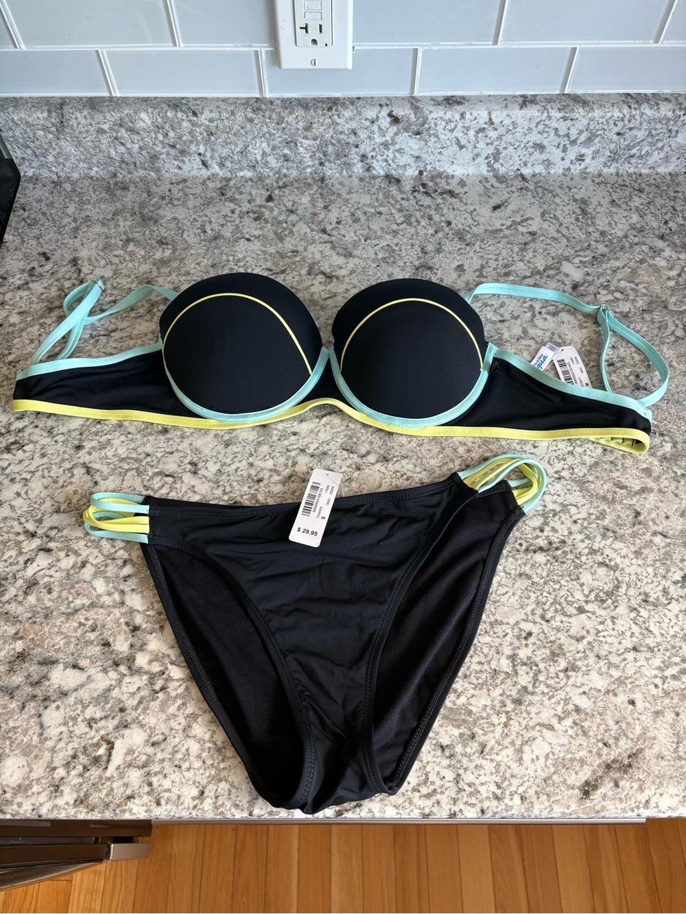 Black Bikini Set with Aqua and Yellow Trim - Women Swim top size M bottom size S